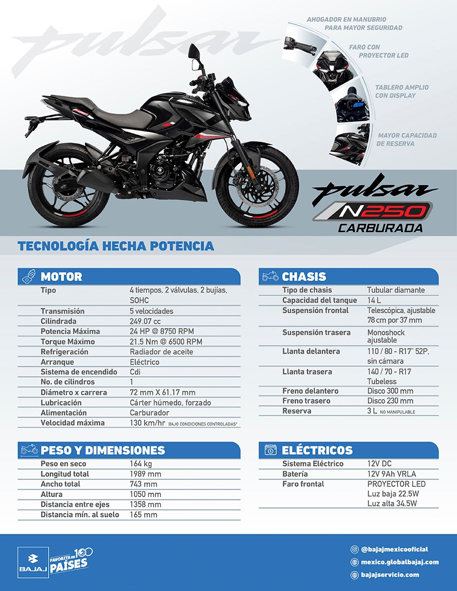 Motocicleta deportiva Pulsar N250 Carb Azul 2026 9